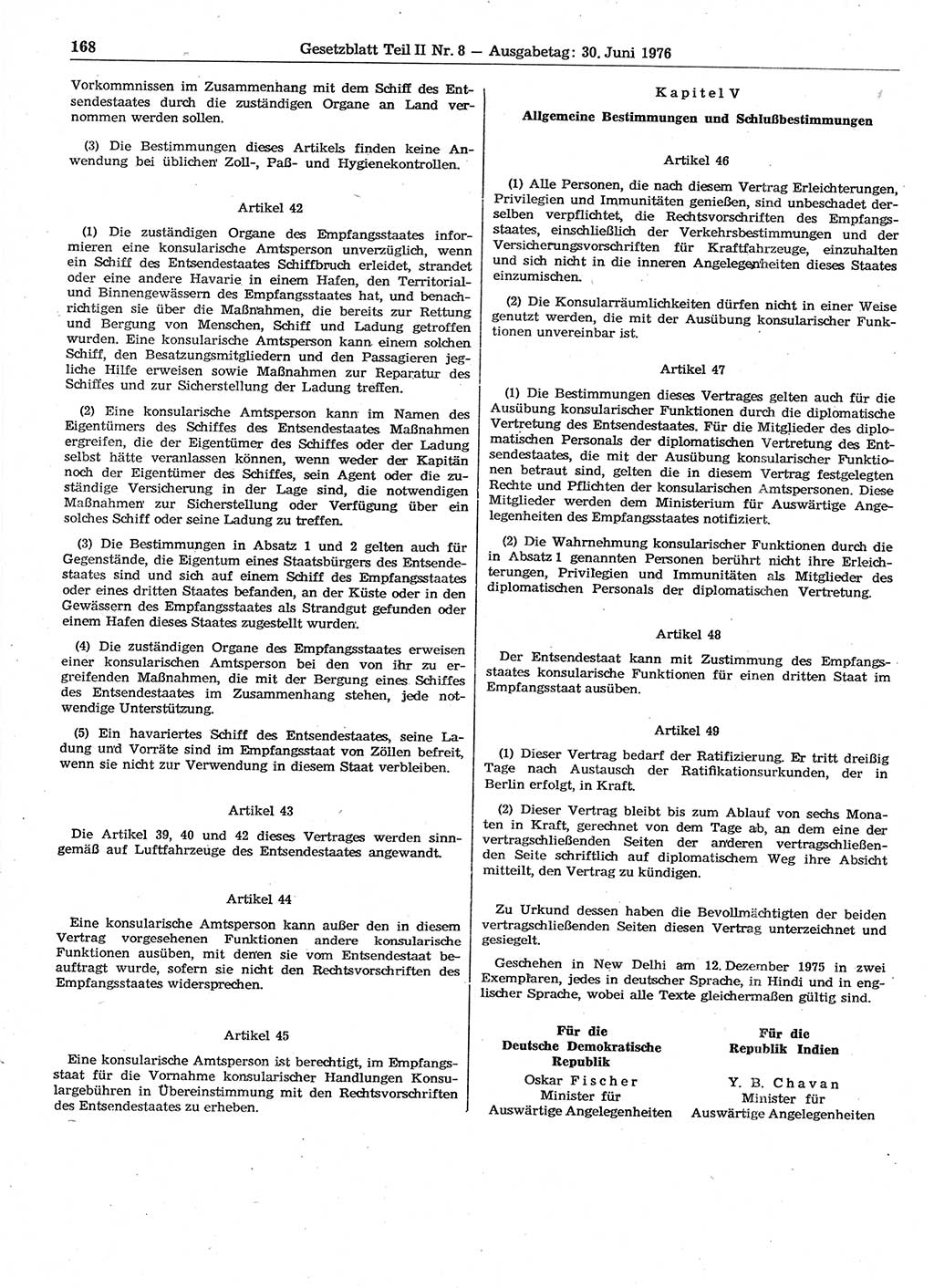 Gesetzblatt (GBl.) der Deutschen Demokratischen Republik (DDR) Teil ⅠⅠ 1976, Seite 168 (GBl. DDR ⅠⅠ 1976, S. 168)