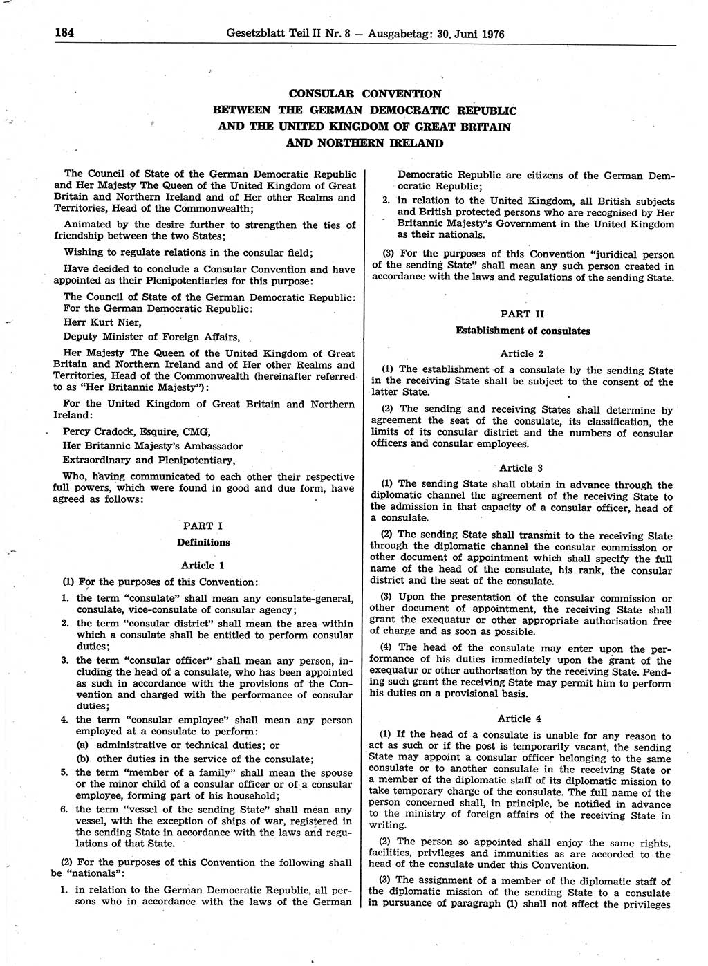 Gesetzblatt (GBl.) der Deutschen Demokratischen Republik (DDR) Teil ⅠⅠ 1976, Seite 184 (GBl. DDR ⅠⅠ 1976, S. 184)