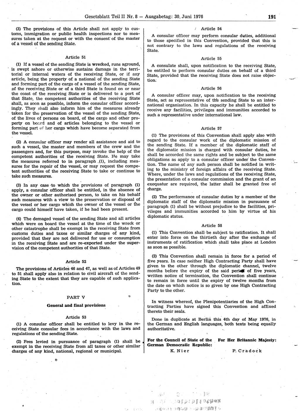 Gesetzblatt (GBl.) der Deutschen Demokratischen Republik (DDR) Teil ⅠⅠ 1976, Seite 191 (GBl. DDR ⅠⅠ 1976, S. 191)
