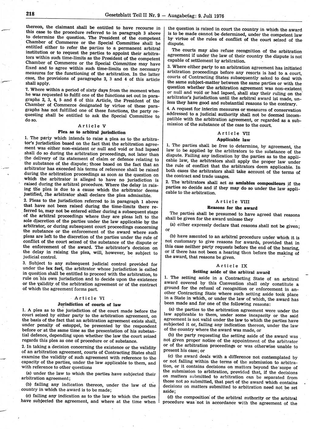 Gesetzblatt (GBl.) der Deutschen Demokratischen Republik (DDR) Teil ⅠⅠ 1976, Seite 218 (GBl. DDR ⅠⅠ 1976, S. 218)