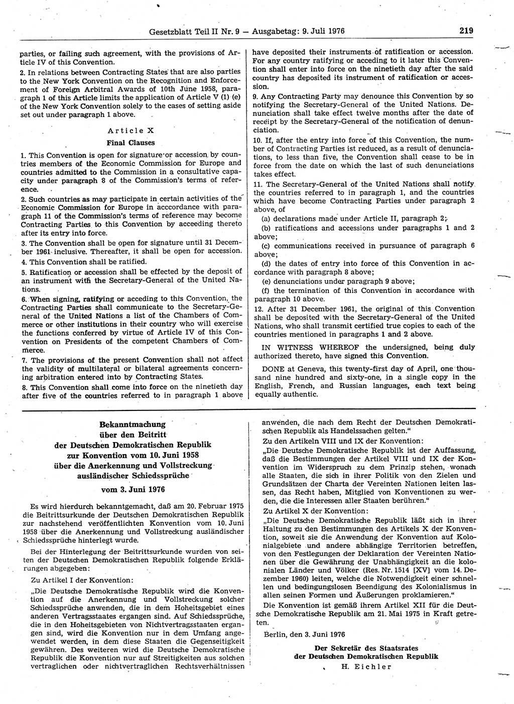 Gesetzblatt (GBl.) der Deutschen Demokratischen Republik (DDR) Teil ⅠⅠ 1976, Seite 219 (GBl. DDR ⅠⅠ 1976, S. 219)