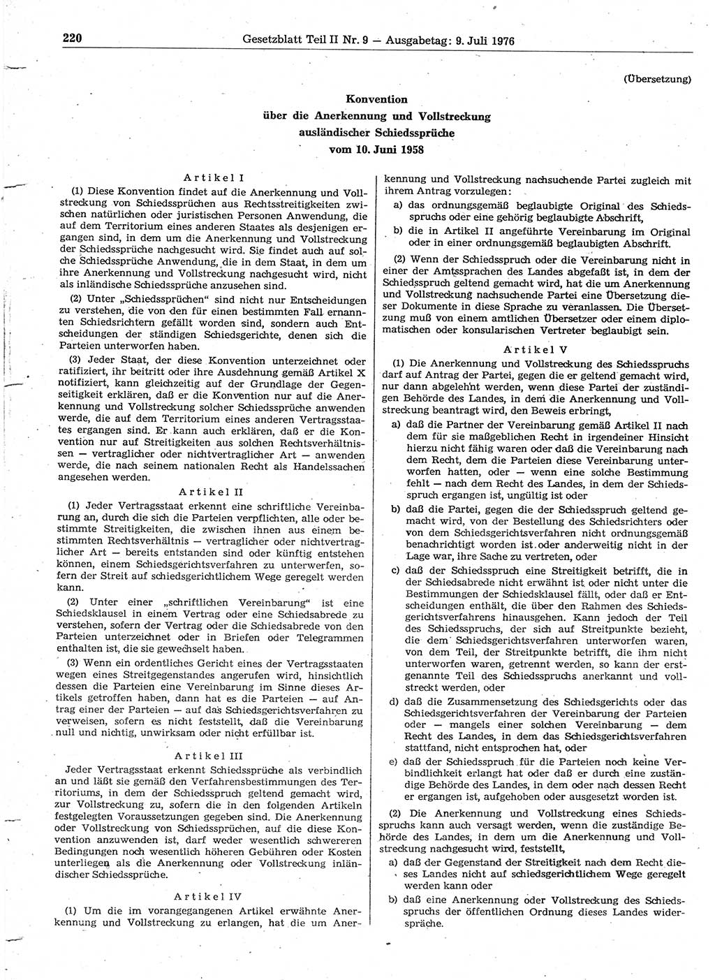 Gesetzblatt (GBl.) der Deutschen Demokratischen Republik (DDR) Teil ⅠⅠ 1976, Seite 220 (GBl. DDR ⅠⅠ 1976, S. 220)