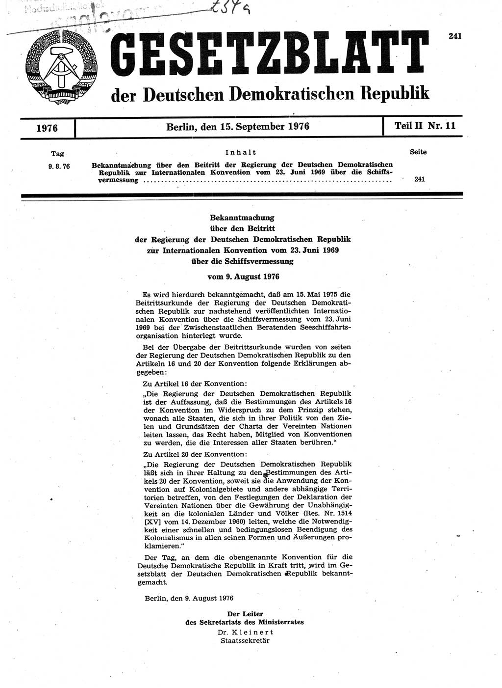 Gesetzblatt (GBl.) der Deutschen Demokratischen Republik (DDR) Teil ⅠⅠ 1976, Seite 241 (GBl. DDR ⅠⅠ 1976, S. 241)