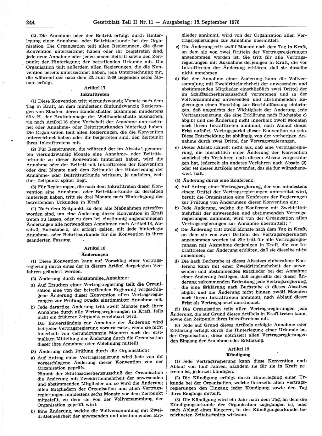 Gesetzblatt (GBl.) der Deutschen Demokratischen Republik (DDR) Teil ⅠⅠ 1976, Seite 244 (GBl. DDR ⅠⅠ 1976, S. 244)
