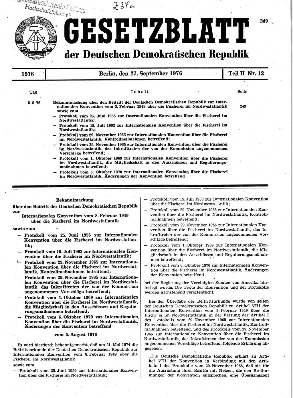 Gesetzblatt (GBl.) der Deutschen Demokratischen Republik (DDR) Teil ⅠⅠ 1976, Seite 249 (GBl. DDR ⅠⅠ 1976, S. 249)