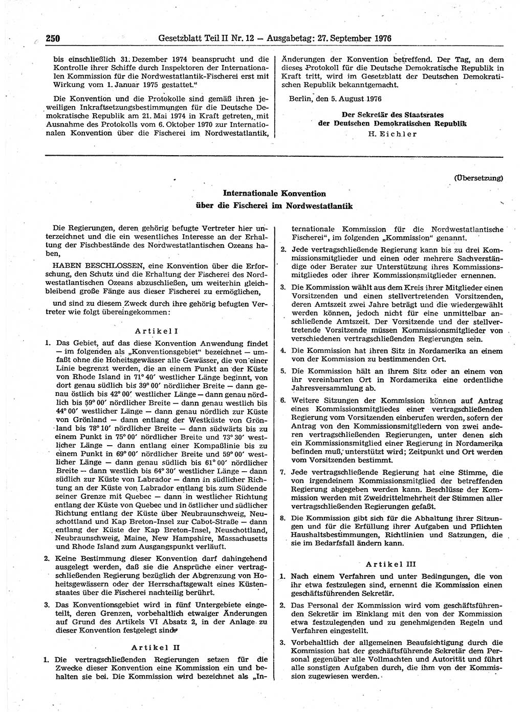 Gesetzblatt (GBl.) der Deutschen Demokratischen Republik (DDR) Teil ⅠⅠ 1976, Seite 250 (GBl. DDR ⅠⅠ 1976, S. 250)