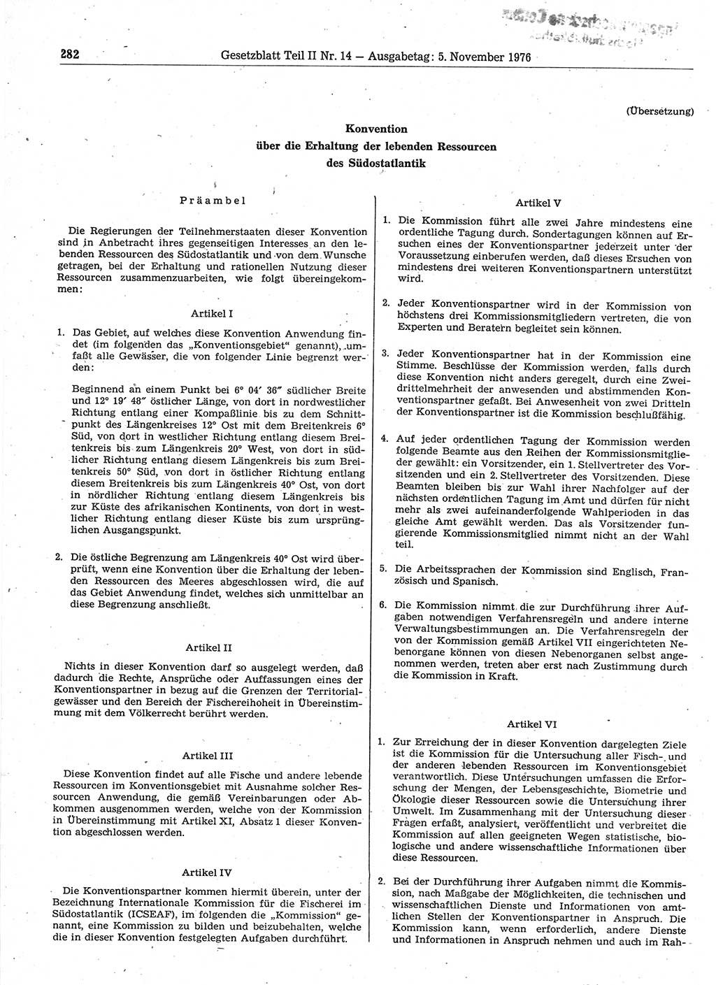 Gesetzblatt (GBl.) der Deutschen Demokratischen Republik (DDR) Teil ⅠⅠ 1976, Seite 282 (GBl. DDR ⅠⅠ 1976, S. 282)