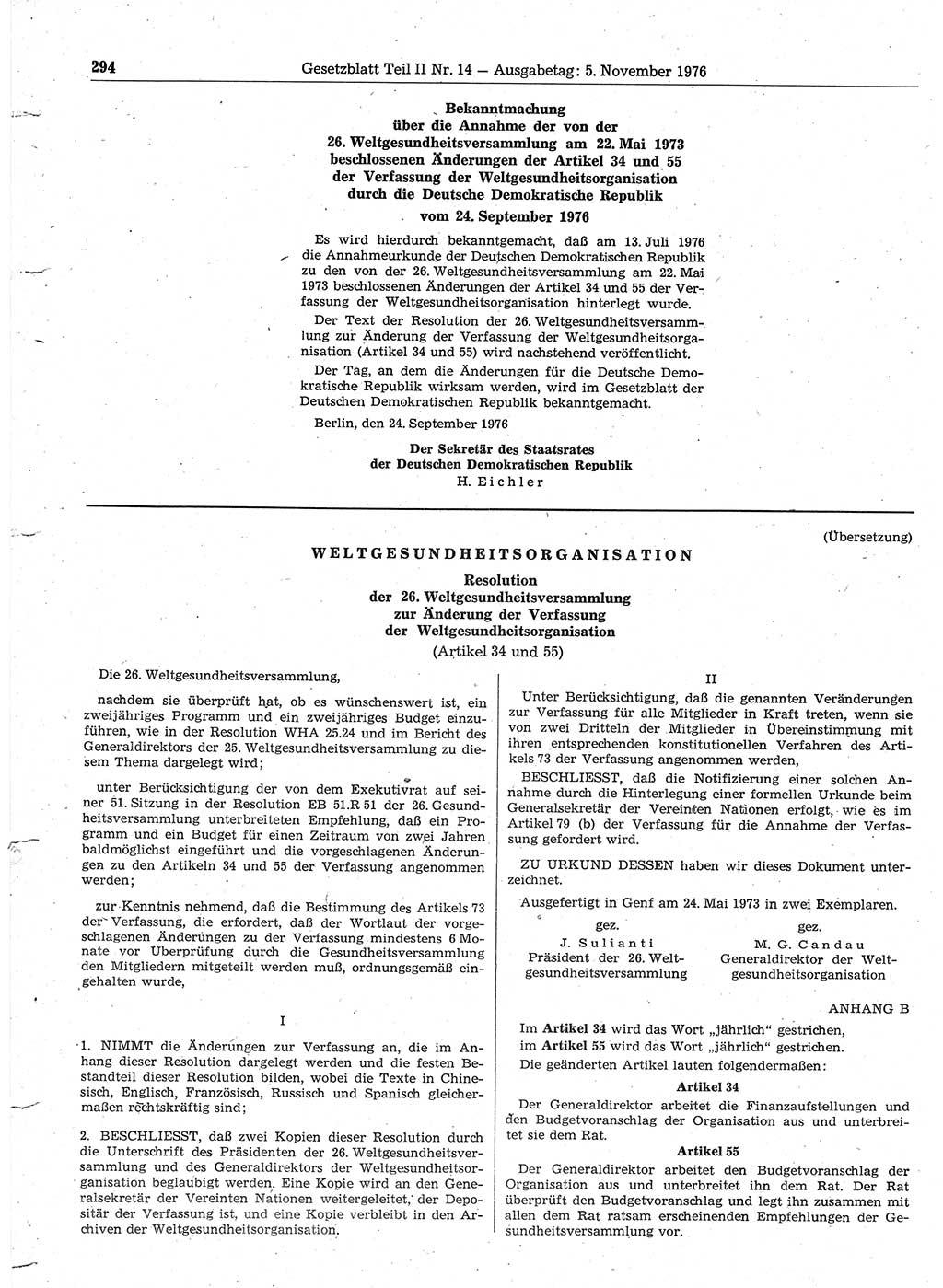 Gesetzblatt (GBl.) der Deutschen Demokratischen Republik (DDR) Teil ⅠⅠ 1976, Seite 294 (GBl. DDR ⅠⅠ 1976, S. 294)