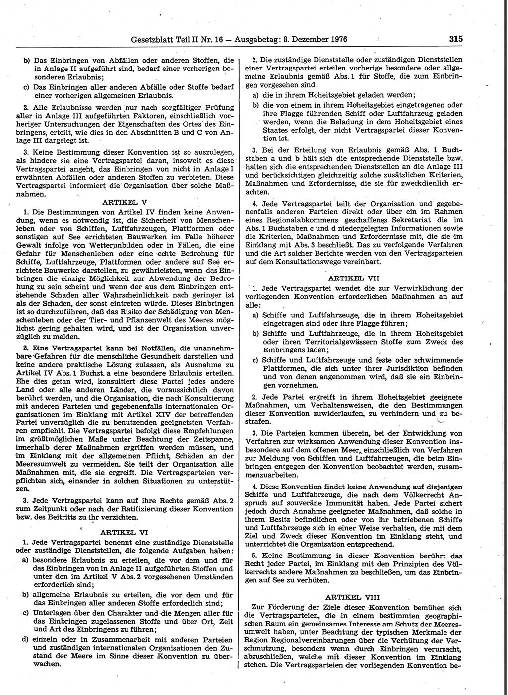 Gesetzblatt (GBl.) der Deutschen Demokratischen Republik (DDR) Teil ⅠⅠ 1976, Seite 315 (GBl. DDR ⅠⅠ 1976, S. 315)