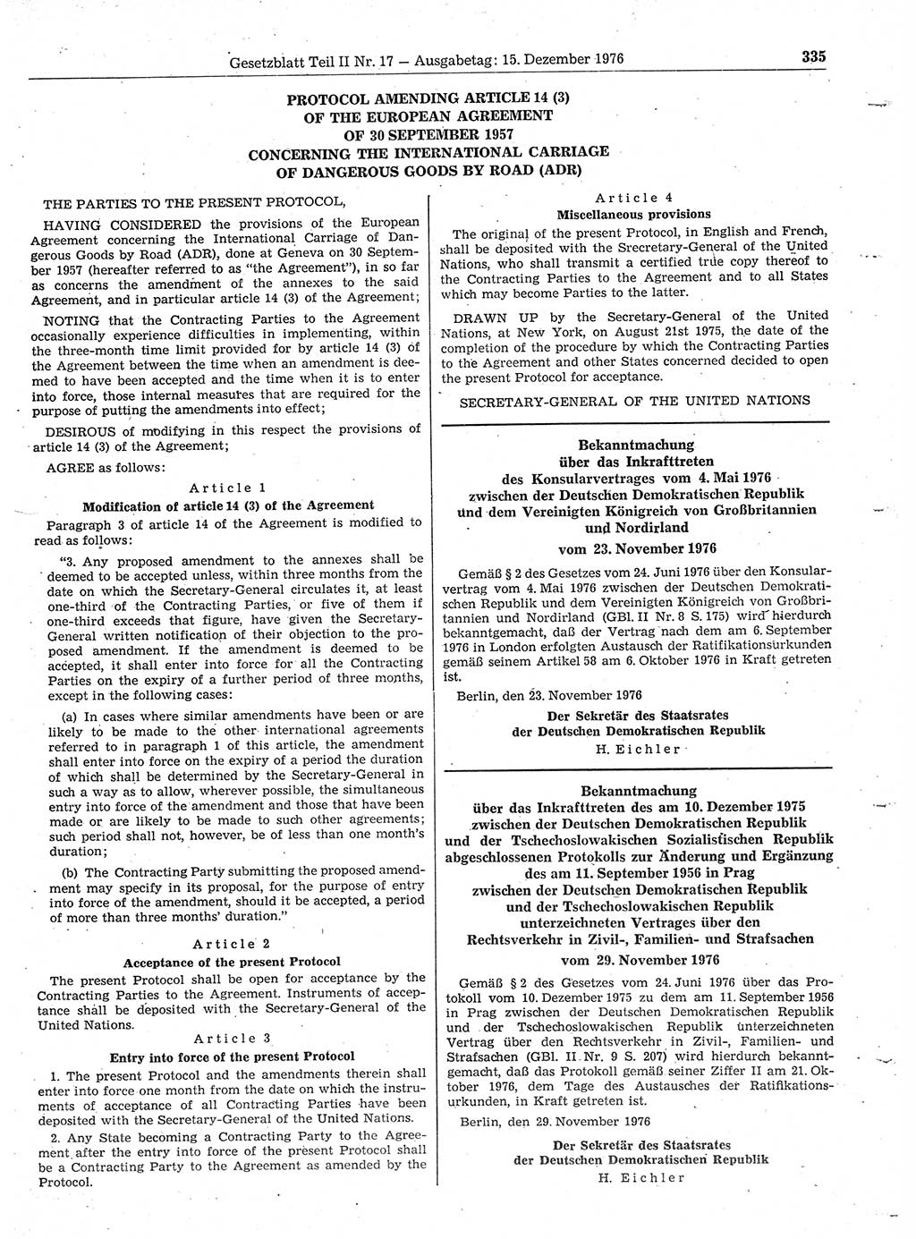 Gesetzblatt (GBl.) der Deutschen Demokratischen Republik (DDR) Teil ⅠⅠ 1976, Seite 335 (GBl. DDR ⅠⅠ 1976, S. 335)