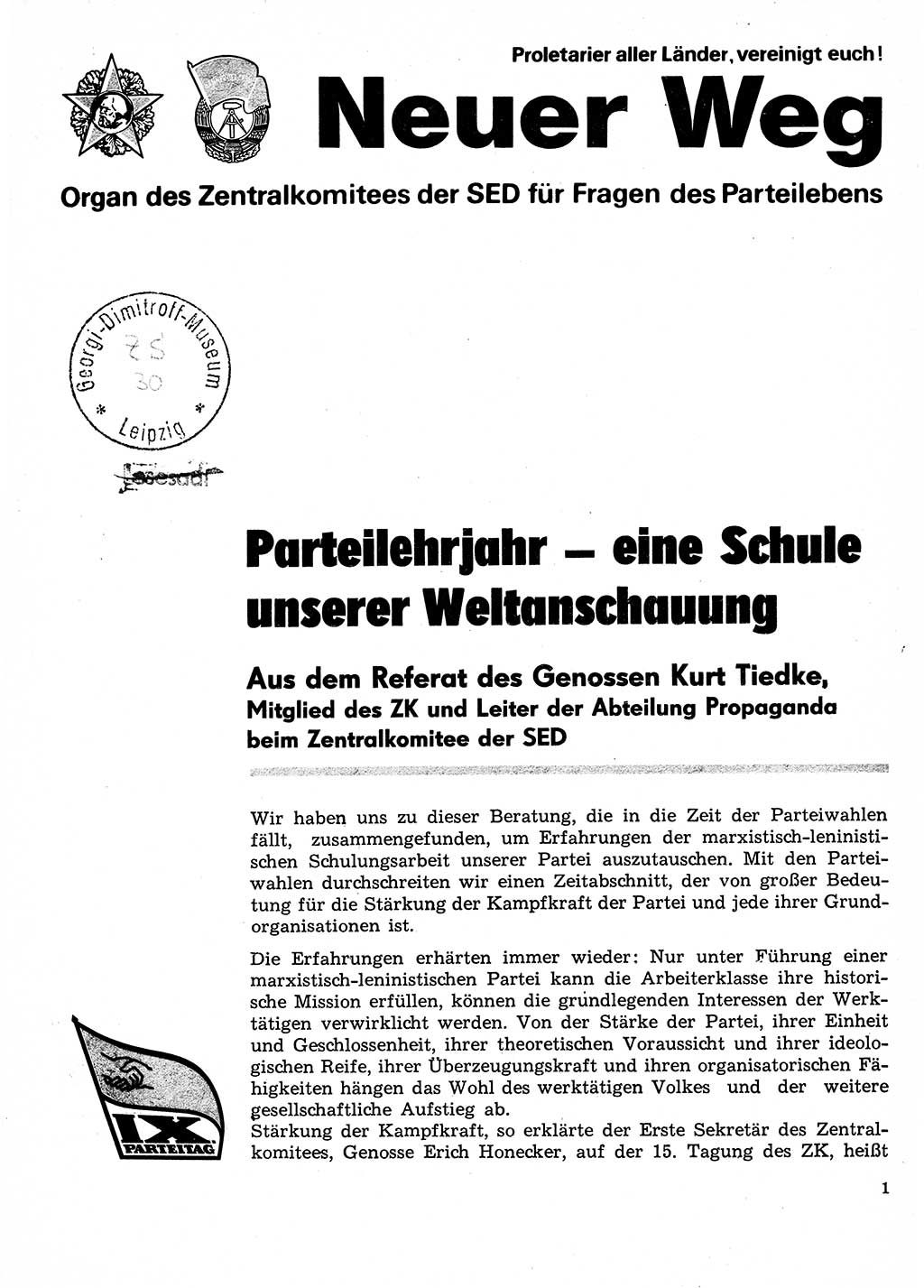 Neuer Weg (NW), Organ des Zentralkomitees (ZK) der SED (Sozialistische Einheitspartei Deutschlands) für Fragen des Parteilebens, 31. Jahrgang [Deutsche Demokratische Republik (DDR)] 1976, Seite 1 (NW ZK SED DDR 1976, S. 1)