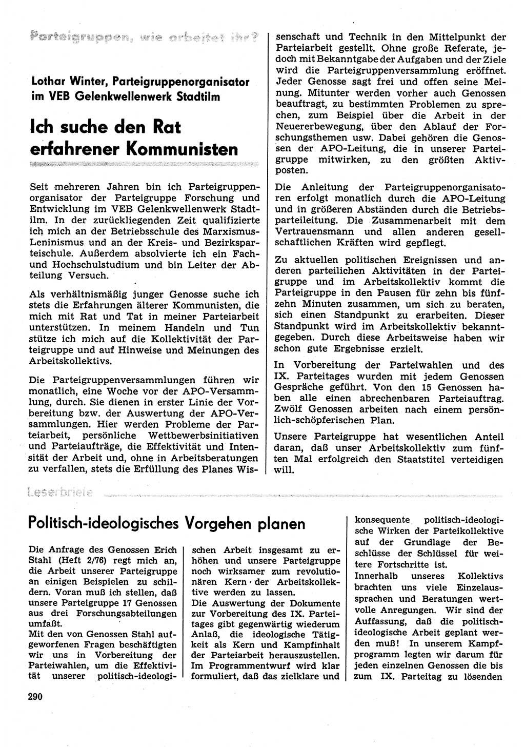 Neuer Weg (NW), Organ des Zentralkomitees (ZK) der SED (Sozialistische Einheitspartei Deutschlands) für Fragen des Parteilebens, 31. Jahrgang [Deutsche Demokratische Republik (DDR)] 1976, Seite 290 (NW ZK SED DDR 1976, S. 290)