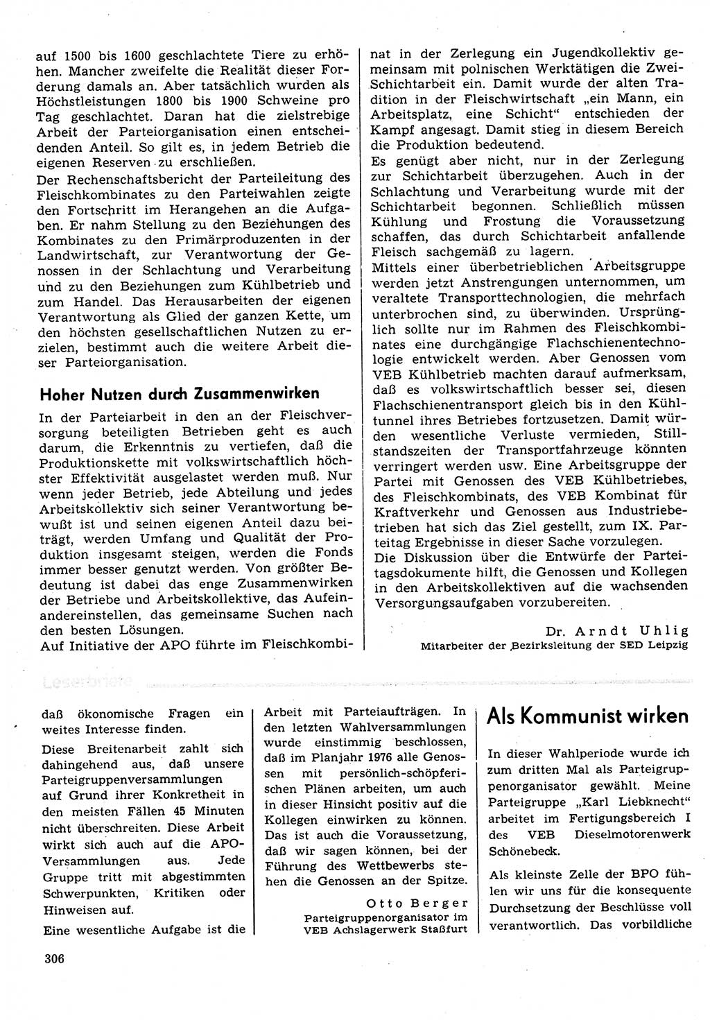 Neuer Weg (NW), Organ des Zentralkomitees (ZK) der SED (Sozialistische Einheitspartei Deutschlands) für Fragen des Parteilebens, 31. Jahrgang [Deutsche Demokratische Republik (DDR)] 1976, Seite 306 (NW ZK SED DDR 1976, S. 306)
