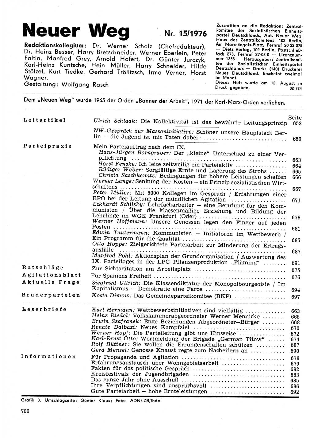 Neuer Weg (NW), Organ des Zentralkomitees (ZK) der SED (Sozialistische Einheitspartei Deutschlands) für Fragen des Parteilebens, 31. Jahrgang [Deutsche Demokratische Republik (DDR)] 1976, Seite 700 (NW ZK SED DDR 1976, S. 700)