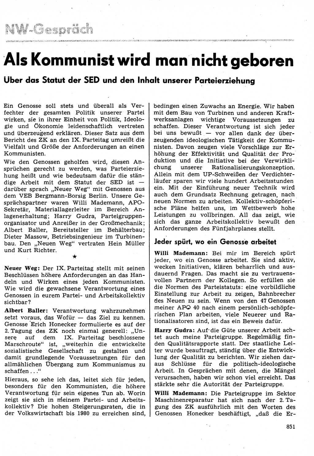 Neuer Weg (NW), Organ des Zentralkomitees (ZK) der SED (Sozialistische Einheitspartei Deutschlands) für Fragen des Parteilebens, 31. Jahrgang [Deutsche Demokratische Republik (DDR)] 1976, Seite 851 (NW ZK SED DDR 1976, S. 851)