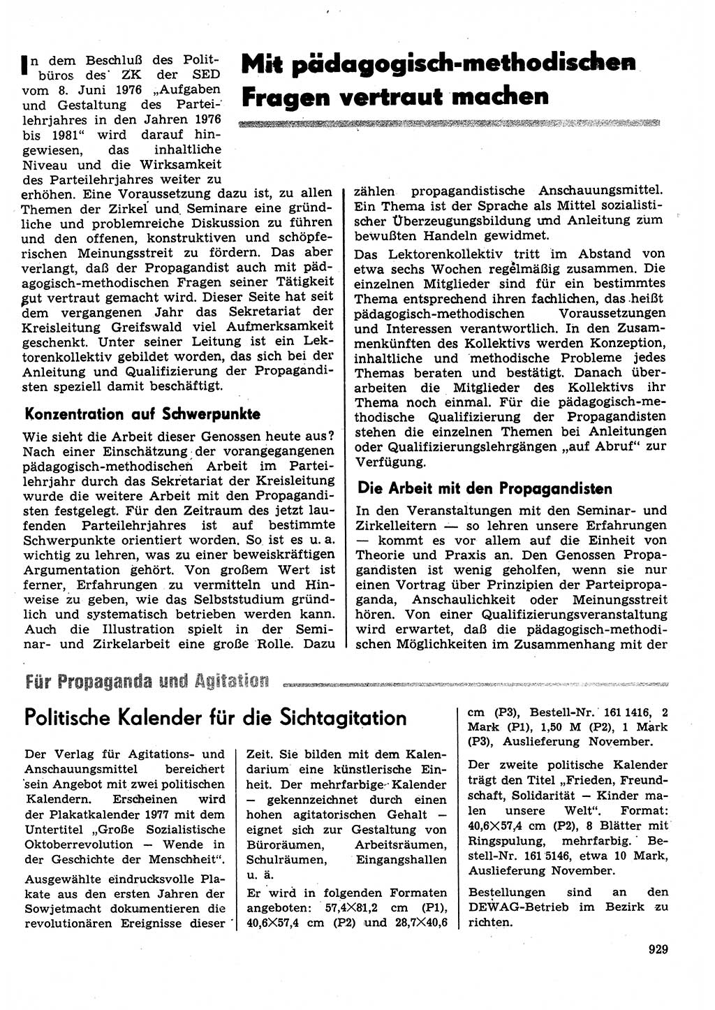 Neuer Weg (NW), Organ des Zentralkomitees (ZK) der SED (Sozialistische Einheitspartei Deutschlands) für Fragen des Parteilebens, 31. Jahrgang [Deutsche Demokratische Republik (DDR)] 1976, Seite 929 (NW ZK SED DDR 1976, S. 929)