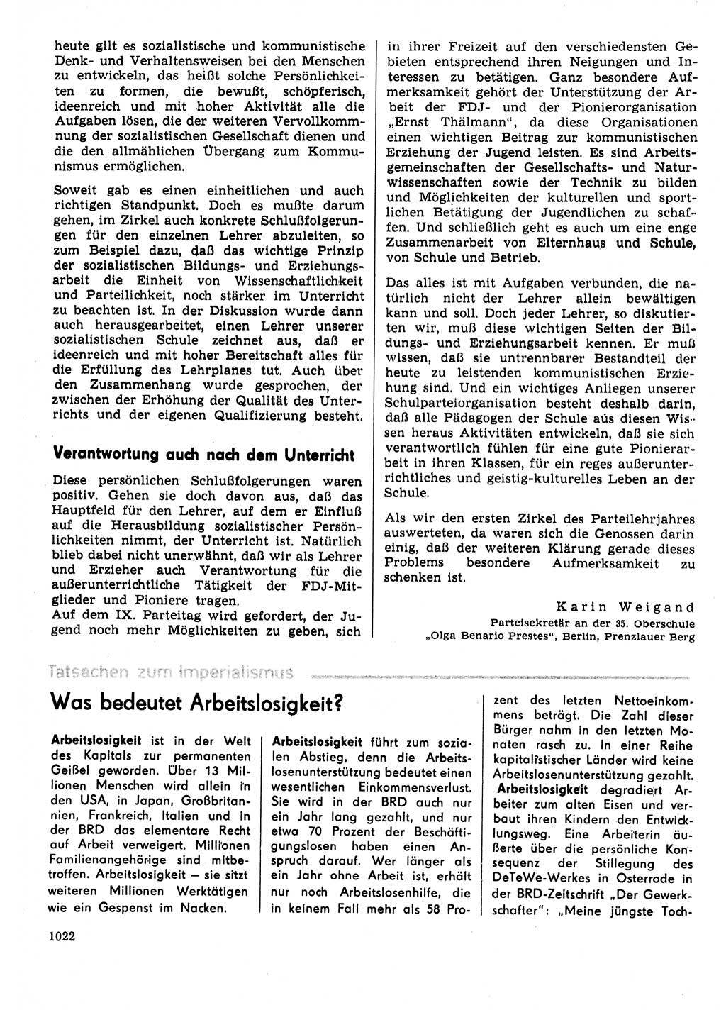 Neuer Weg (NW), Organ des Zentralkomitees (ZK) der SED (Sozialistische Einheitspartei Deutschlands) für Fragen des Parteilebens, 31. Jahrgang [Deutsche Demokratische Republik (DDR)] 1976, Seite 1022 (NW ZK SED DDR 1976, S. 1022)