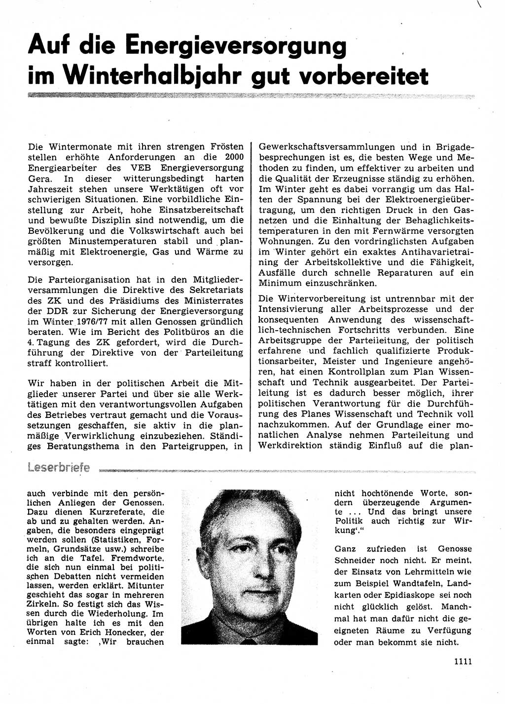 Neuer Weg (NW), Organ des Zentralkomitees (ZK) der SED (Sozialistische Einheitspartei Deutschlands) für Fragen des Parteilebens, 31. Jahrgang [Deutsche Demokratische Republik (DDR)] 1976, Seite 1111 (NW ZK SED DDR 1976, S. 1111)