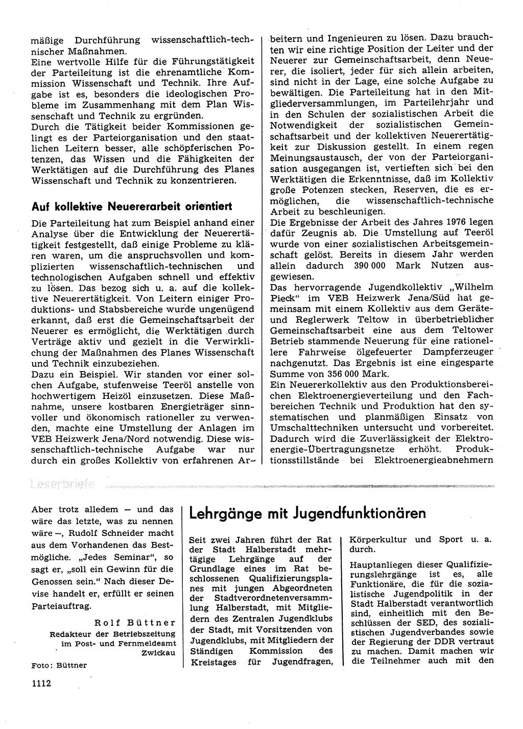 Neuer Weg (NW), Organ des Zentralkomitees (ZK) der SED (Sozialistische Einheitspartei Deutschlands) für Fragen des Parteilebens, 31. Jahrgang [Deutsche Demokratische Republik (DDR)] 1976, Seite 1112 (NW ZK SED DDR 1976, S. 1112)