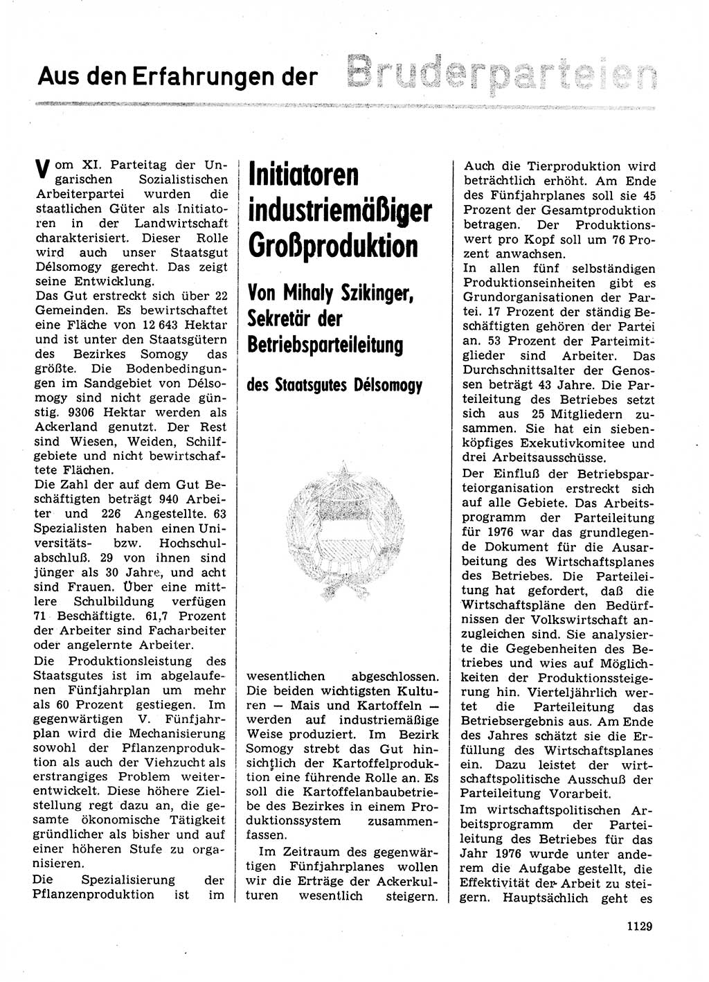 Neuer Weg (NW), Organ des Zentralkomitees (ZK) der SED (Sozialistische Einheitspartei Deutschlands) für Fragen des Parteilebens, 31. Jahrgang [Deutsche Demokratische Republik (DDR)] 1976, Seite 1129 (NW ZK SED DDR 1976, S. 1129)