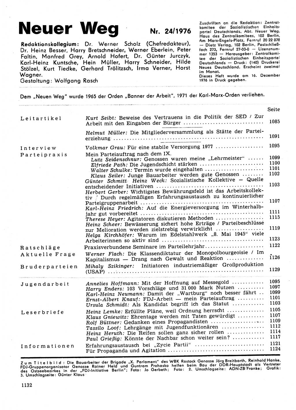 Neuer Weg (NW), Organ des Zentralkomitees (ZK) der SED (Sozialistische Einheitspartei Deutschlands) für Fragen des Parteilebens, 31. Jahrgang [Deutsche Demokratische Republik (DDR)] 1976, Seite 1132 (NW ZK SED DDR 1976, S. 1132)