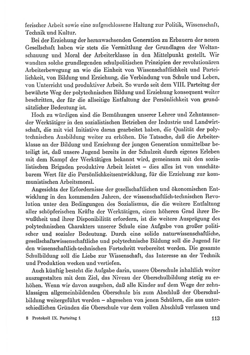 Protokoll der Verhandlungen des Ⅸ. Parteitages der Sozialistischen Einheitspartei Deutschlands (SED) [Deutsche Demokratische Republik (DDR)] 1976, Band 1, Seite 113 (Prot. Verh. Ⅸ. PT SED DDR 1976, Bd. 1, S. 113)