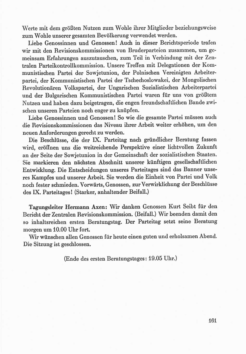 Protokoll der Verhandlungen des Ⅸ. Parteitages der Sozialistischen Einheitspartei Deutschlands (SED) [Deutsche Demokratische Republik (DDR)] 1976, Band 1, Seite 161 (Prot. Verh. Ⅸ. PT SED DDR 1976, Bd. 1, S. 161)