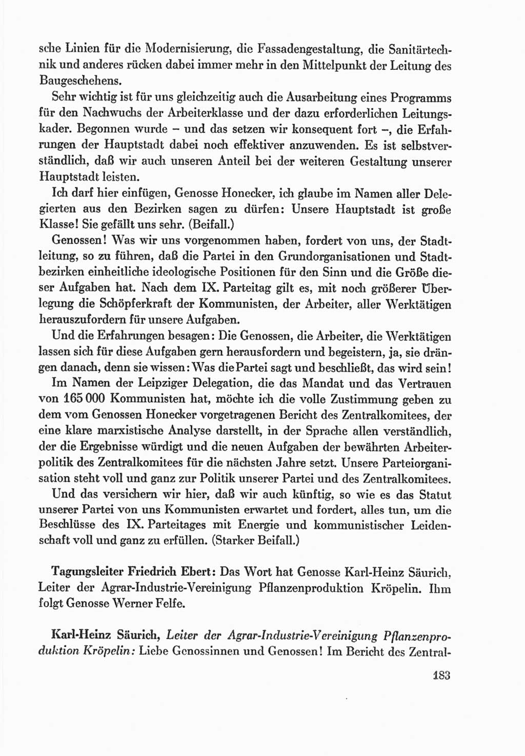 Protokoll der Verhandlungen des Ⅸ. Parteitages der Sozialistischen Einheitspartei Deutschlands (SED) [Deutsche Demokratische Republik (DDR)] 1976, Band 1, Seite 183 (Prot. Verh. Ⅸ. PT SED DDR 1976, Bd. 1, S. 183)