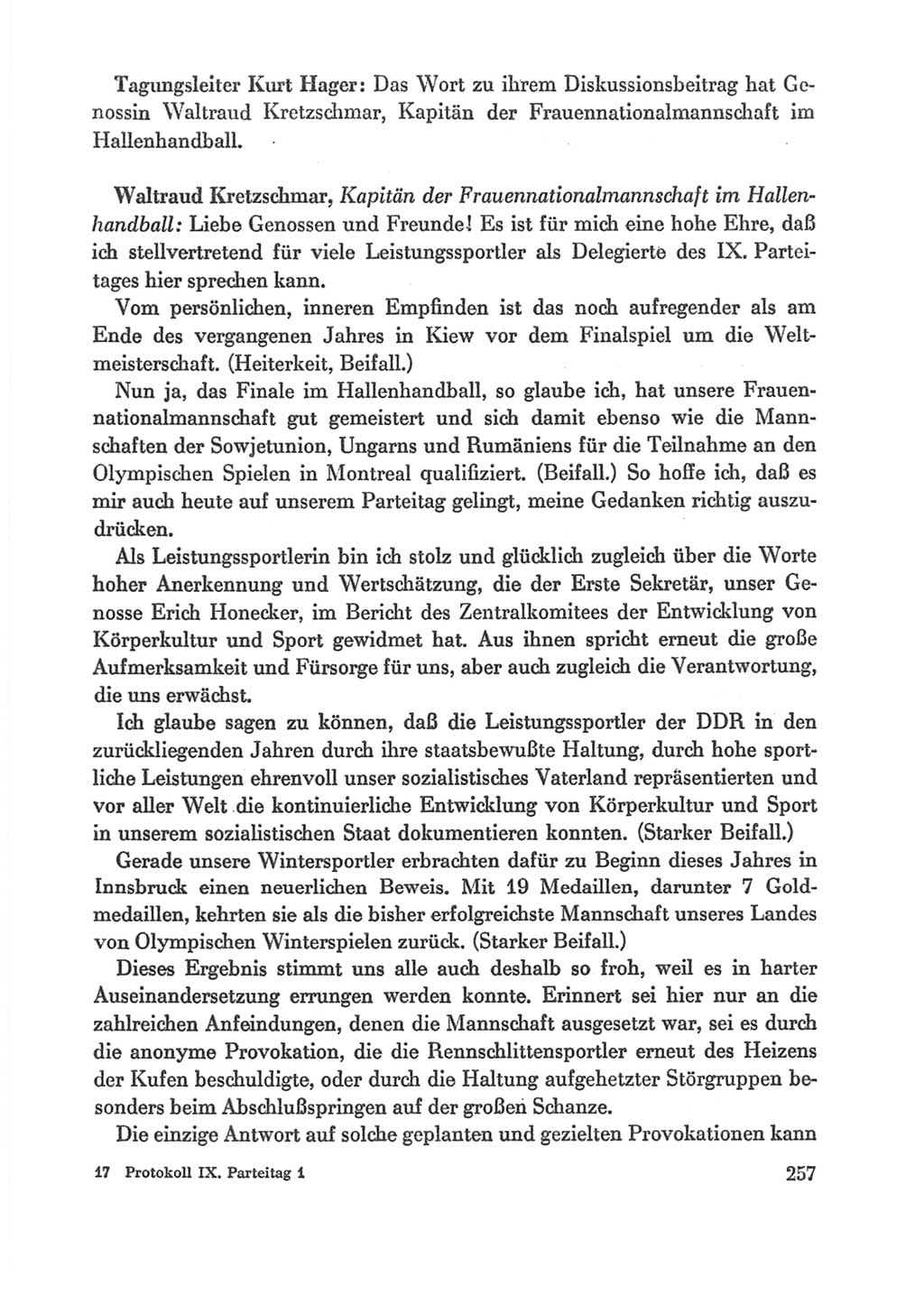 Protokoll der Verhandlungen des Ⅸ. Parteitages der Sozialistischen Einheitspartei Deutschlands (SED) [Deutsche Demokratische Republik (DDR)] 1976, Band 1, Seite 257 (Prot. Verh. Ⅸ. PT SED DDR 1976, Bd. 1, S. 257)