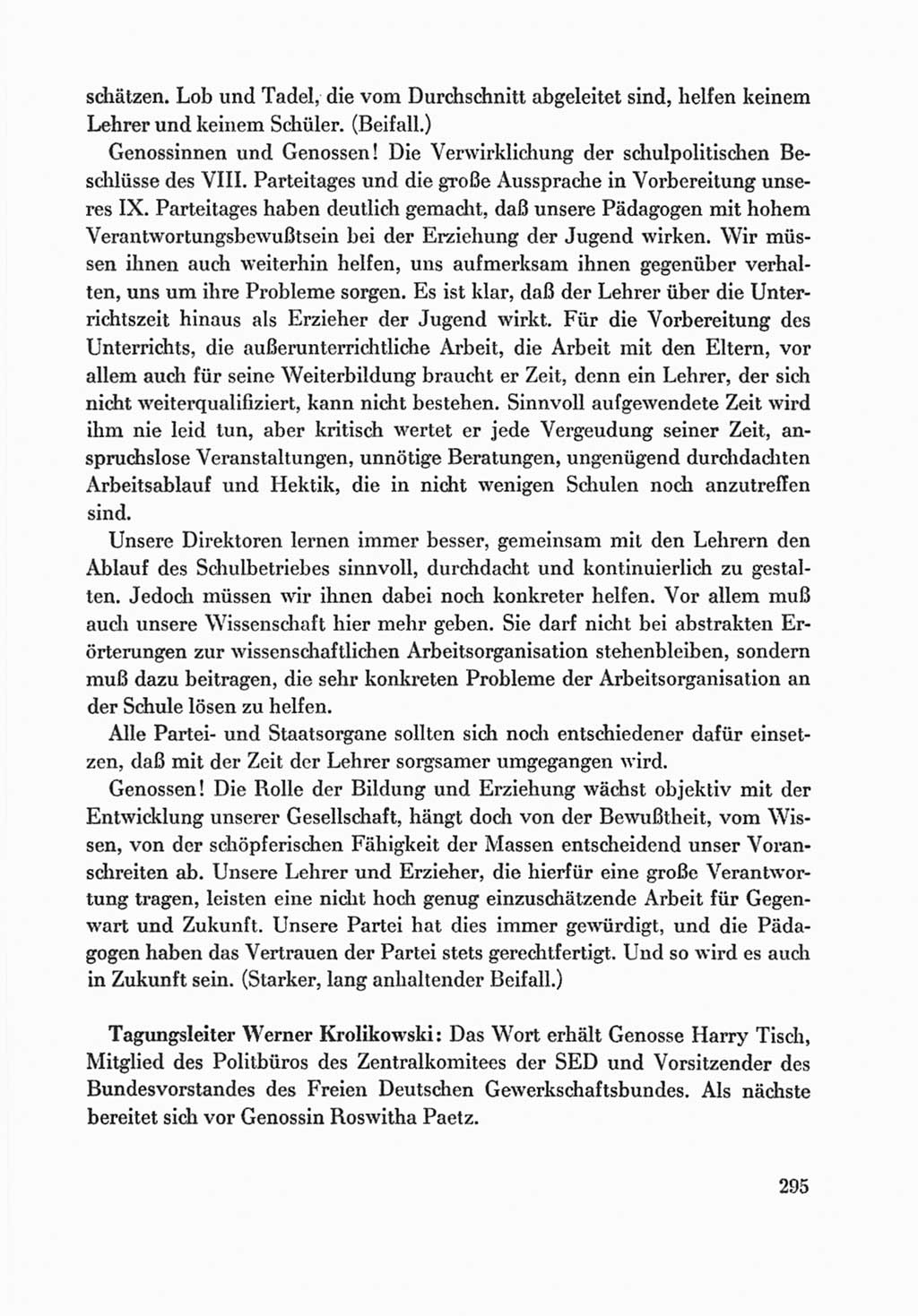 Protokoll der Verhandlungen des Ⅸ. Parteitages der Sozialistischen Einheitspartei Deutschlands (SED) [Deutsche Demokratische Republik (DDR)] 1976, Band 1, Seite 295 (Prot. Verh. Ⅸ. PT SED DDR 1976, Bd. 1, S. 295)