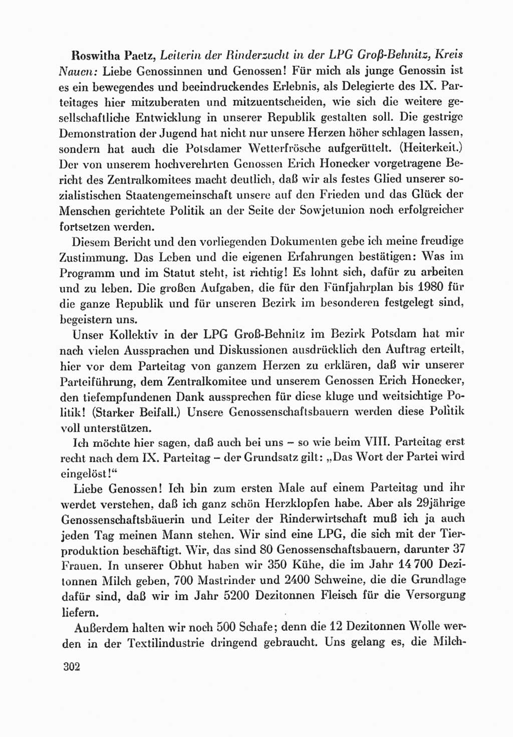 Protokoll der Verhandlungen des Ⅸ. Parteitages der Sozialistischen Einheitspartei Deutschlands (SED) [Deutsche Demokratische Republik (DDR)] 1976, Band 1, Seite 302 (Prot. Verh. Ⅸ. PT SED DDR 1976, Bd. 1, S. 302)
