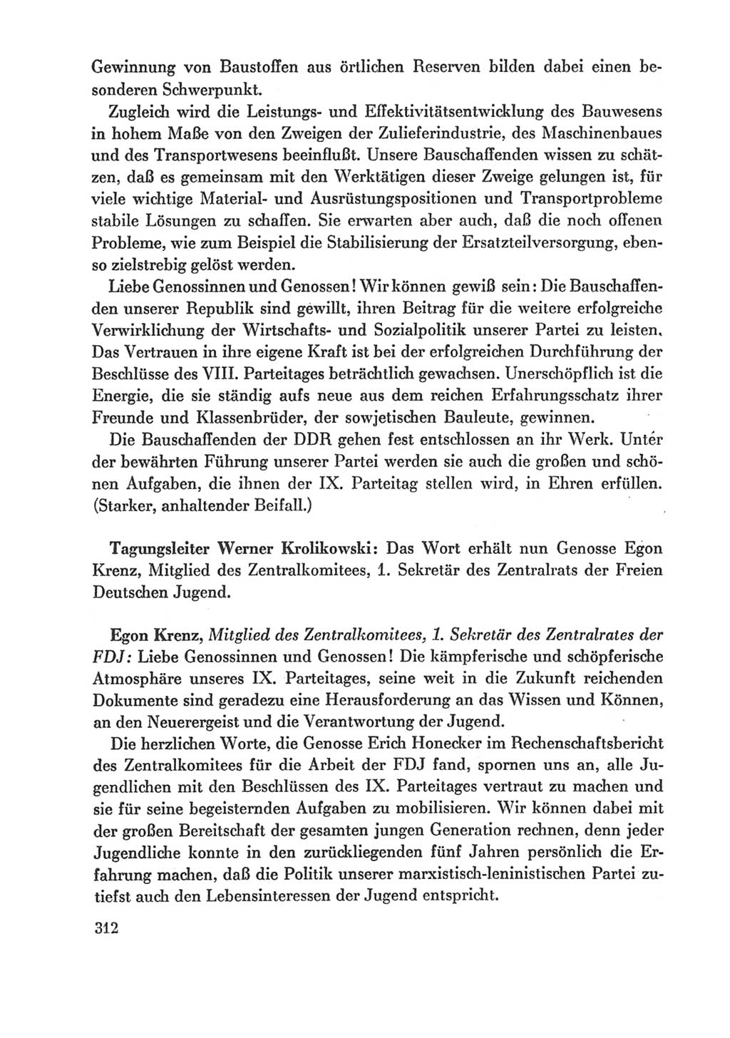 Protokoll der Verhandlungen des Ⅸ. Parteitages der Sozialistischen Einheitspartei Deutschlands (SED) [Deutsche Demokratische Republik (DDR)] 1976, Band 1, Seite 312 (Prot. Verh. Ⅸ. PT SED DDR 1976, Bd. 1, S. 312)