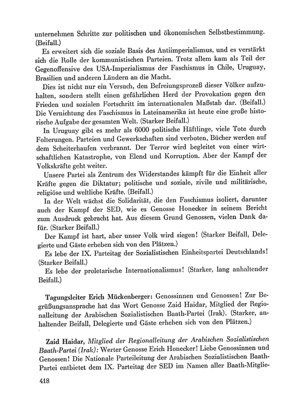 Protokoll der Verhandlungen des Ⅸ. Parteitages der Sozialistischen Einheitspartei Deutschlands (SED) [Deutsche Demokratische Republik (DDR)] 1976, Band 1, Seite 418 (Prot. Verh. Ⅸ. PT SED DDR 1976, Bd. 1, S. 418)