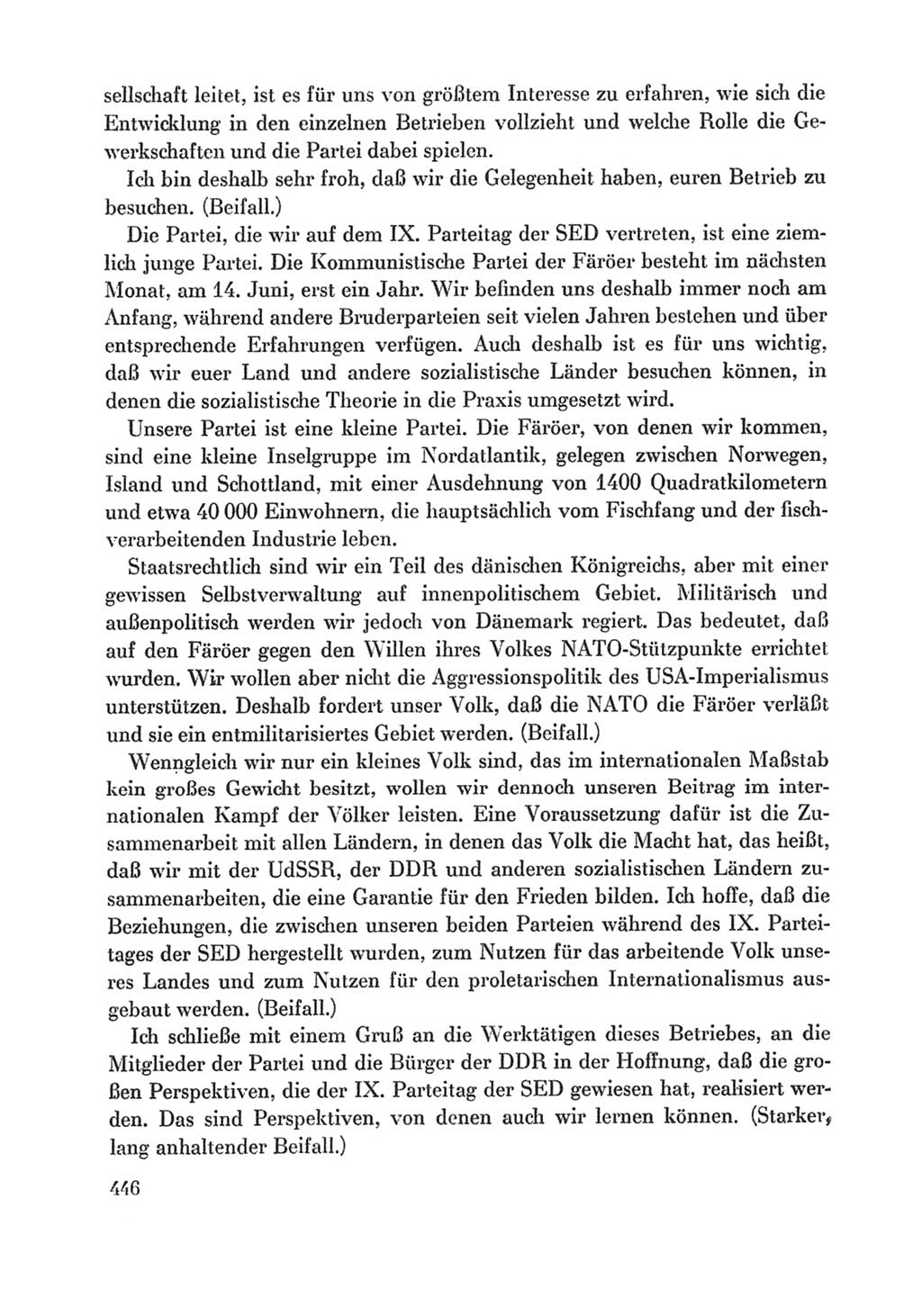 Protokoll der Verhandlungen des Ⅸ. Parteitages der Sozialistischen Einheitspartei Deutschlands (SED) [Deutsche Demokratische Republik (DDR)] 1976, Band 1, Seite 446 (Prot. Verh. Ⅸ. PT SED DDR 1976, Bd. 1, S. 446)