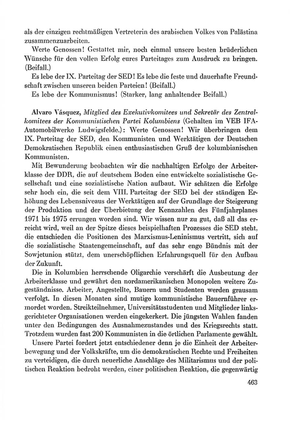 Protokoll der Verhandlungen des Ⅸ. Parteitages der Sozialistischen Einheitspartei Deutschlands (SED) [Deutsche Demokratische Republik (DDR)] 1976, Band 1, Seite 463 (Prot. Verh. Ⅸ. PT SED DDR 1976, Bd. 1, S. 463)
