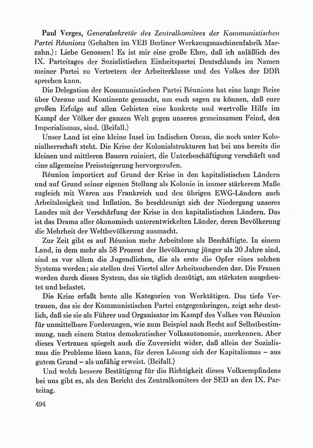 Protokoll der Verhandlungen des Ⅸ. Parteitages der Sozialistischen Einheitspartei Deutschlands (SED) [Deutsche Demokratische Republik (DDR)] 1976, Band 1, Seite 494 (Prot. Verh. Ⅸ. PT SED DDR 1976, Bd. 1, S. 494)