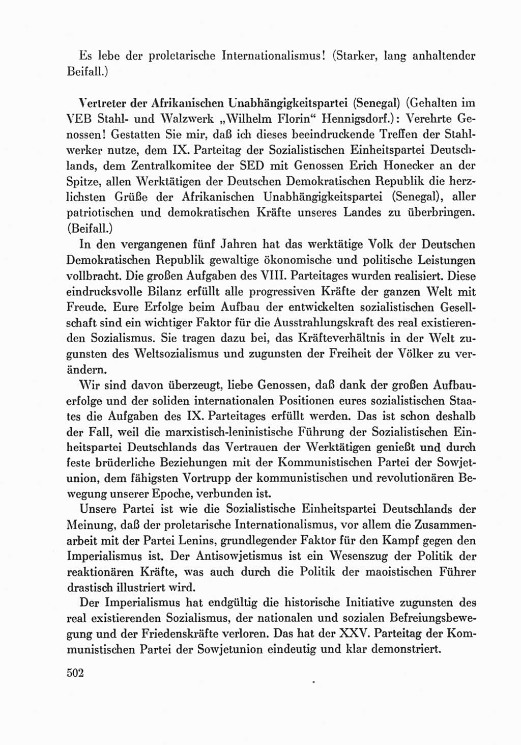 Protokoll der Verhandlungen des Ⅸ. Parteitages der Sozialistischen Einheitspartei Deutschlands (SED) [Deutsche Demokratische Republik (DDR)] 1976, Band 1, Seite 502 (Prot. Verh. Ⅸ. PT SED DDR 1976, Bd. 1, S. 502)
