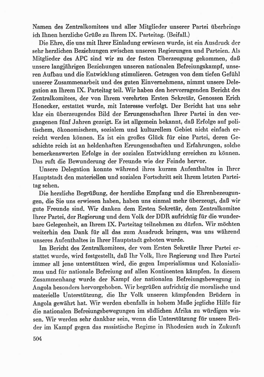 Protokoll der Verhandlungen des Ⅸ. Parteitages der Sozialistischen Einheitspartei Deutschlands (SED) [Deutsche Demokratische Republik (DDR)] 1976, Band 1, Seite 504 (Prot. Verh. Ⅸ. PT SED DDR 1976, Bd. 1, S. 504)