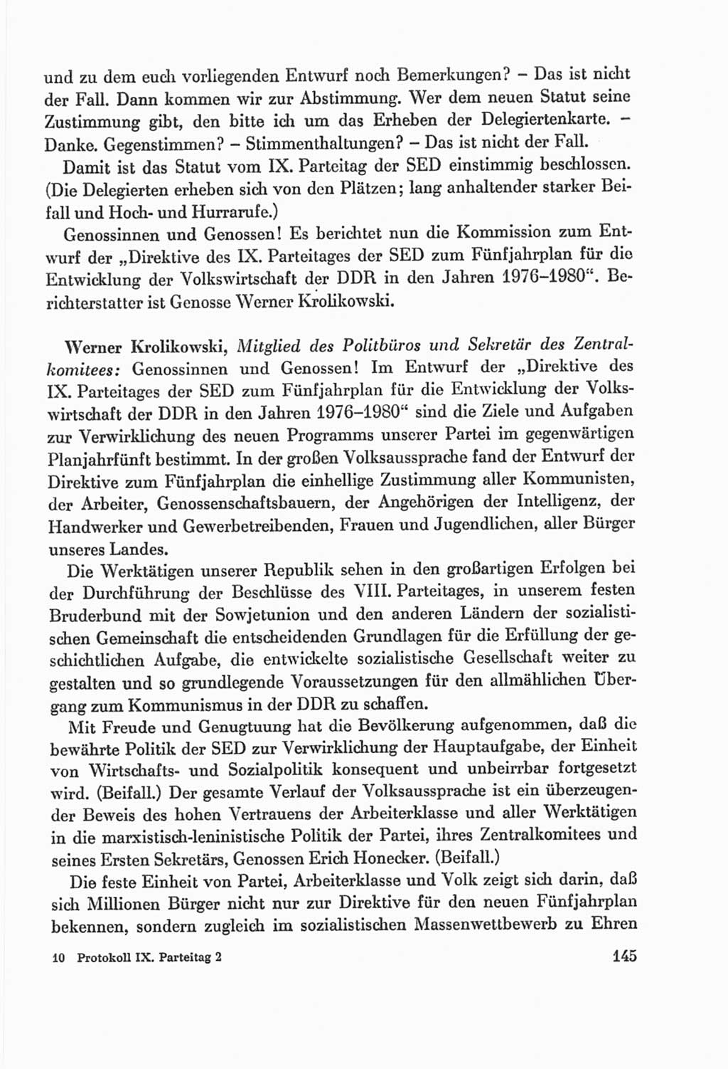 Protokoll der Verhandlungen des Ⅸ. Parteitages der Sozialistischen Einheitspartei Deutschlands (SED) [Deutsche Demokratische Republik (DDR)] 1976, Band 2, Seite 145 (Prot. Verh. Ⅸ. PT SED DDR 1976, Bd. 2, S. 145)