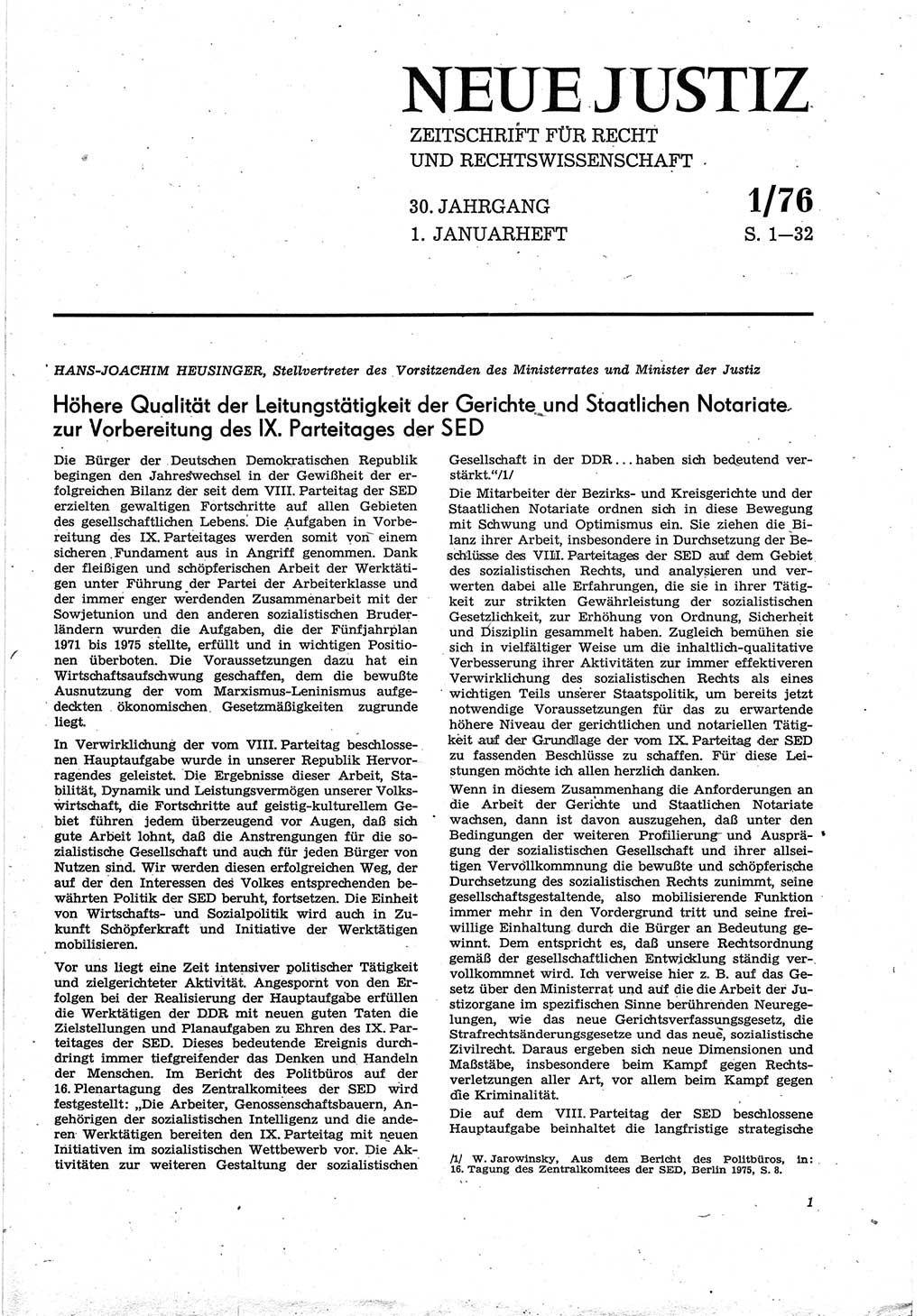 Neue Justiz (NJ), Zeitschrift für Recht und Rechtswissenschaft [Deutsche Demokratische Republik (DDR)], 30. Jahrgang 1976, Seite 1 (NJ DDR 1976, S. 1)