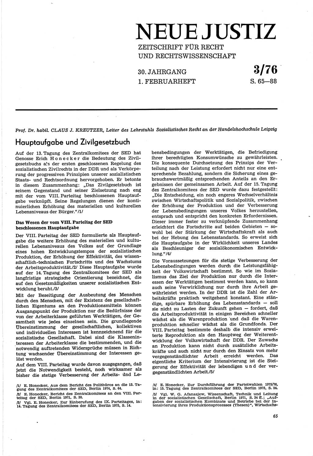 Neue Justiz (NJ), Zeitschrift für Recht und Rechtswissenschaft [Deutsche Demokratische Republik (DDR)], 30. Jahrgang 1976, Seite 65 (NJ DDR 1976, S. 65)