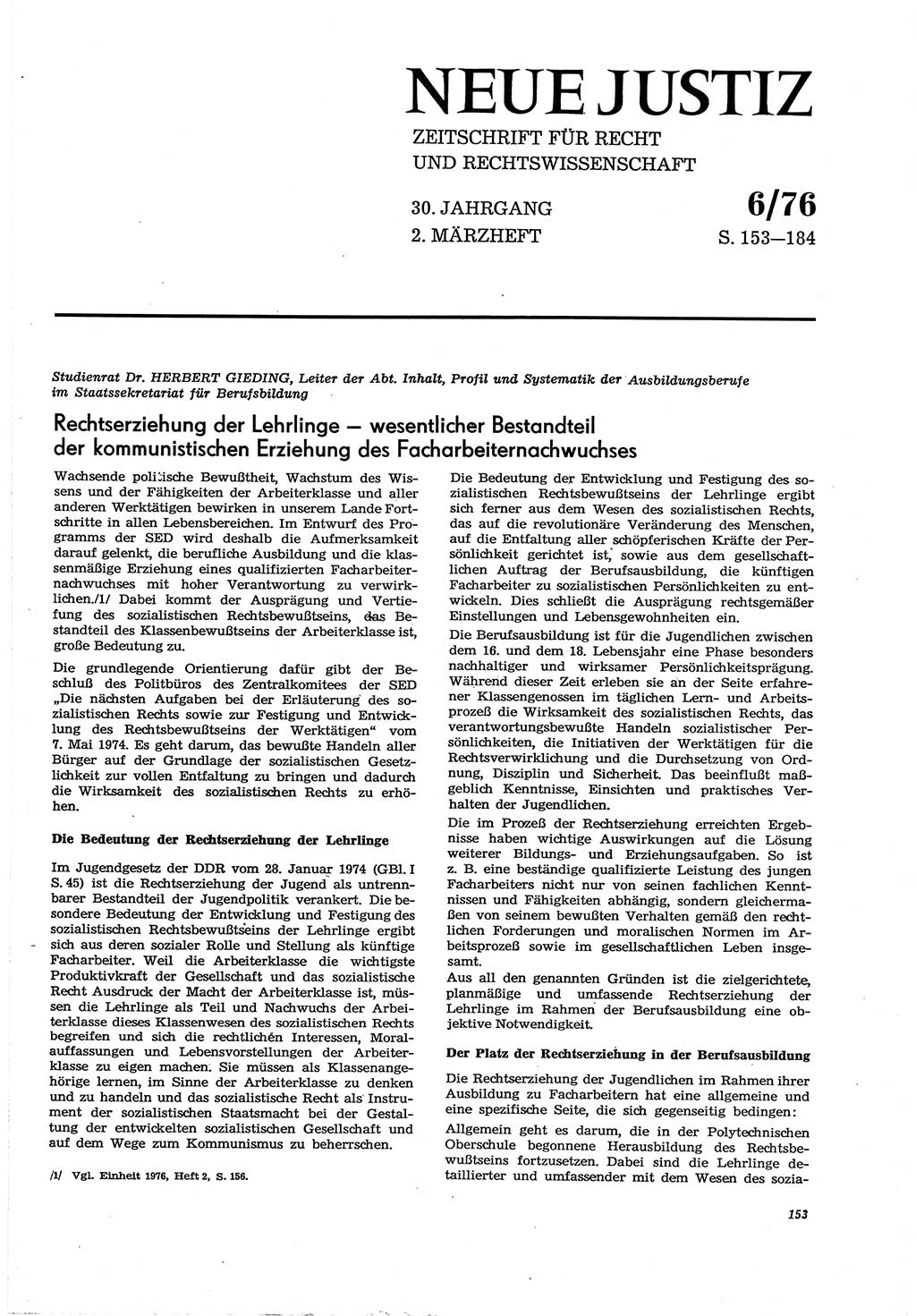 Neue Justiz (NJ), Zeitschrift für Recht und Rechtswissenschaft [Deutsche Demokratische Republik (DDR)], 30. Jahrgang 1976, Seite 153 (NJ DDR 1976, S. 153)
