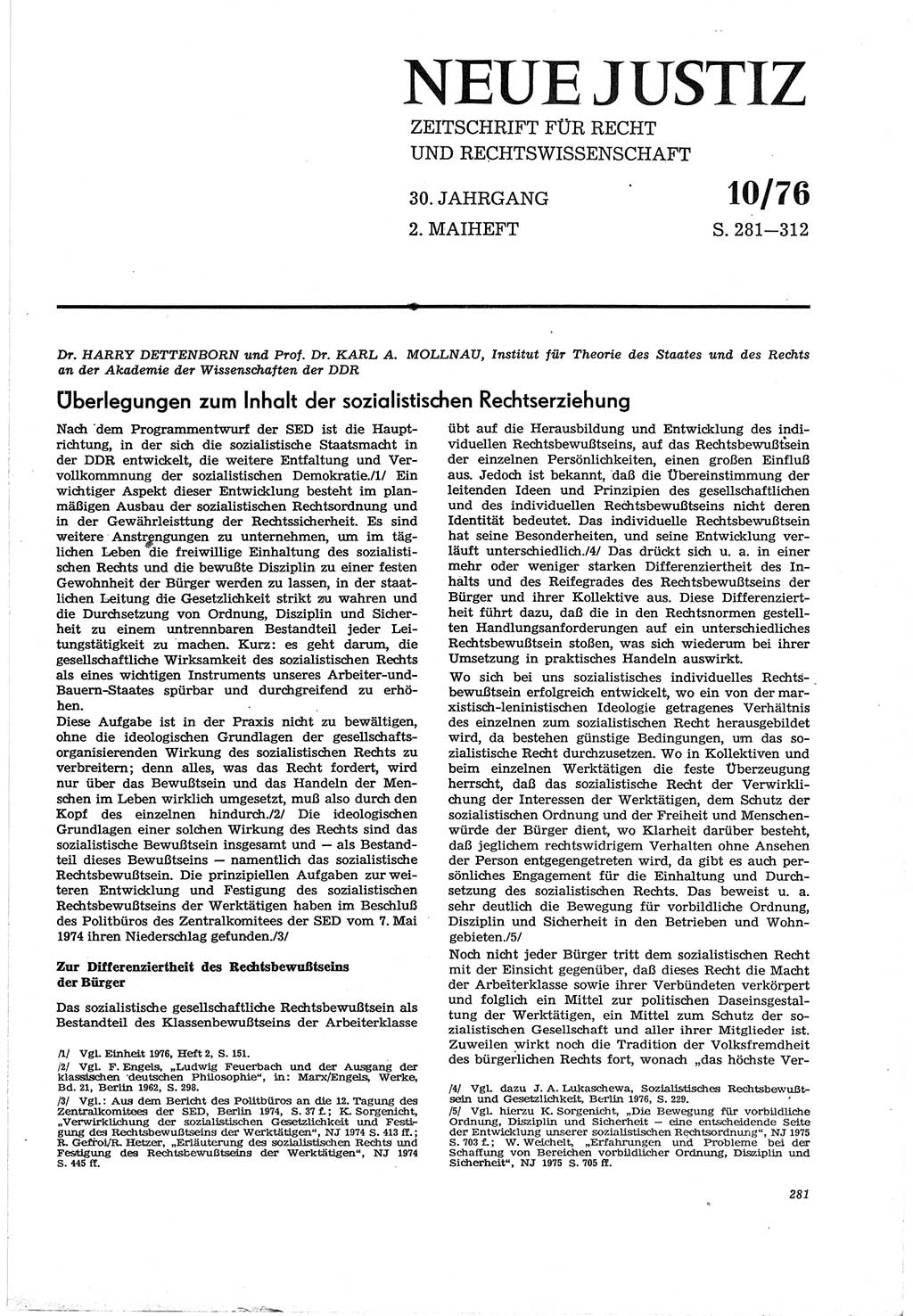 Neue Justiz (NJ), Zeitschrift für Recht und Rechtswissenschaft [Deutsche Demokratische Republik (DDR)], 30. Jahrgang 1976, Seite 281 (NJ DDR 1976, S. 281)