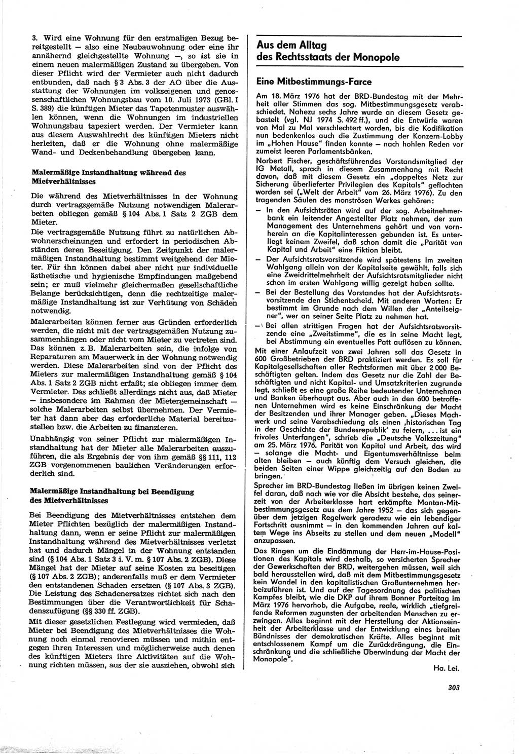 Neue Justiz (NJ), Zeitschrift für Recht und Rechtswissenschaft [Deutsche Demokratische Republik (DDR)], 30. Jahrgang 1976, Seite 303 (NJ DDR 1976, S. 303)