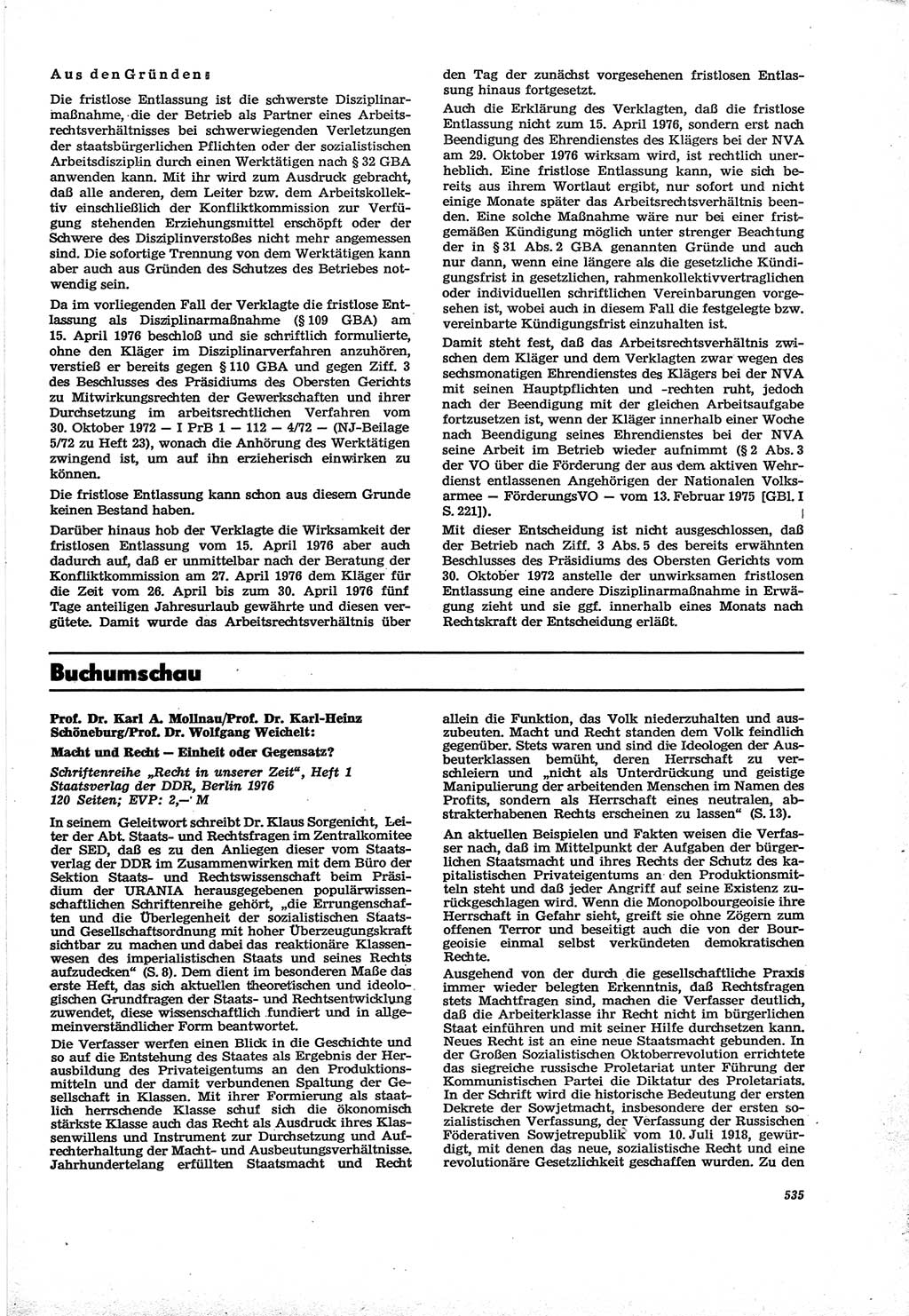 Neue Justiz (NJ), Zeitschrift für Recht und Rechtswissenschaft [Deutsche Demokratische Republik (DDR)], 30. Jahrgang 1976, Seite 535 (NJ DDR 1976, S. 535)
