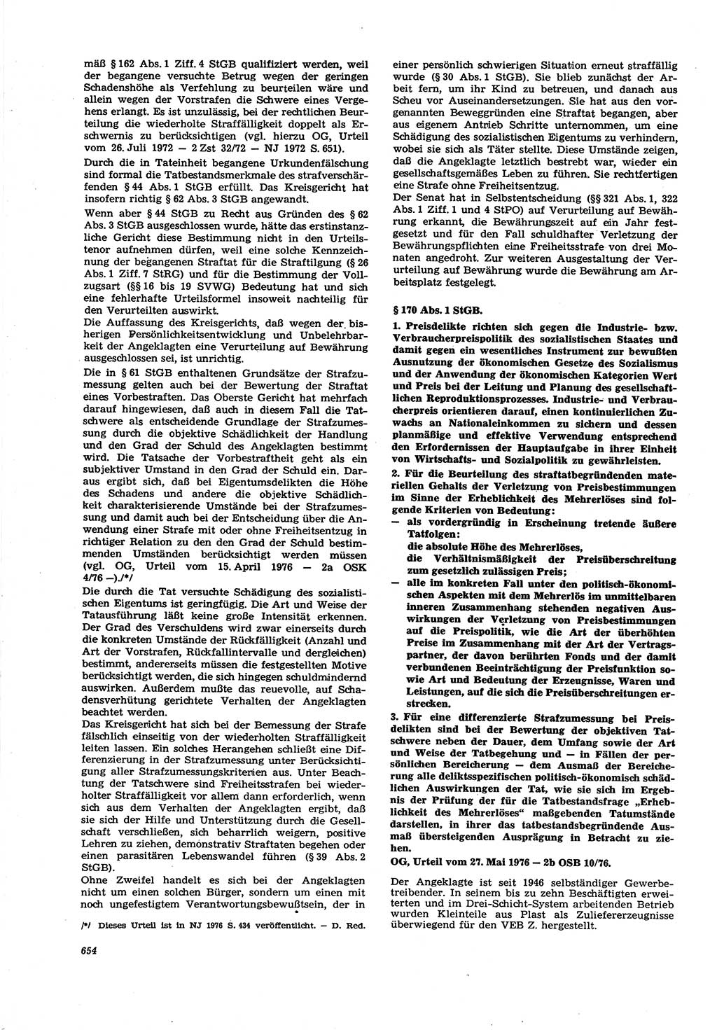 Neue Justiz (NJ), Zeitschrift für Recht und Rechtswissenschaft [Deutsche Demokratische Republik (DDR)], 30. Jahrgang 1976, Seite 654 (NJ DDR 1976, S. 654)