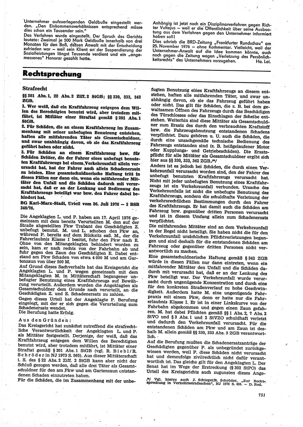 Neue Justiz (NJ), Zeitschrift für Recht und Rechtswissenschaft [Deutsche Demokratische Republik (DDR)], 30. Jahrgang 1976, Seite 751 (NJ DDR 1976, S. 751)