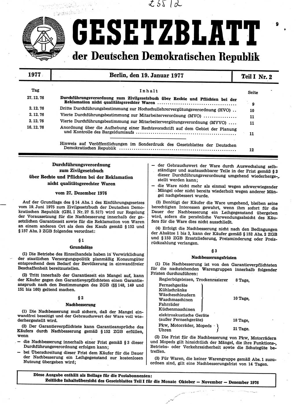 Gesetzblatt (GBl.) der Deutschen Demokratischen Republik (DDR) Teil Ⅰ 1977, Seite 9 (GBl. DDR Ⅰ 1977, S. 9)