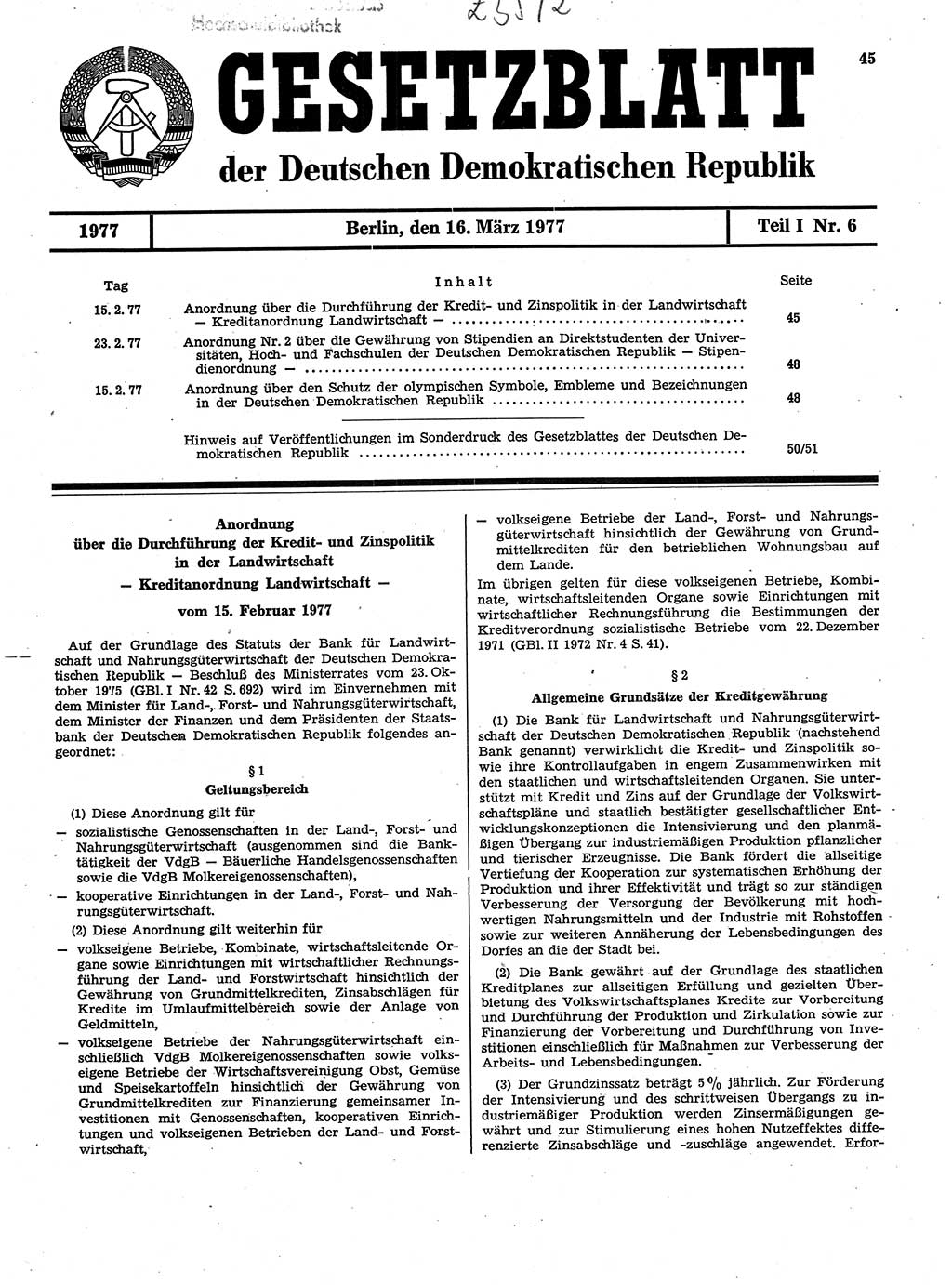 Gesetzblatt (GBl.) der Deutschen Demokratischen Republik (DDR) Teil Ⅰ 1977, Seite 45 (GBl. DDR Ⅰ 1977, S. 45)