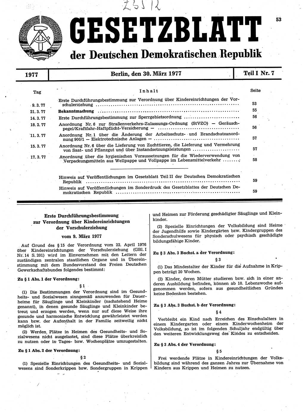 Gesetzblatt (GBl.) der Deutschen Demokratischen Republik (DDR) Teil Ⅰ 1977, Seite 53 (GBl. DDR Ⅰ 1977, S. 53)